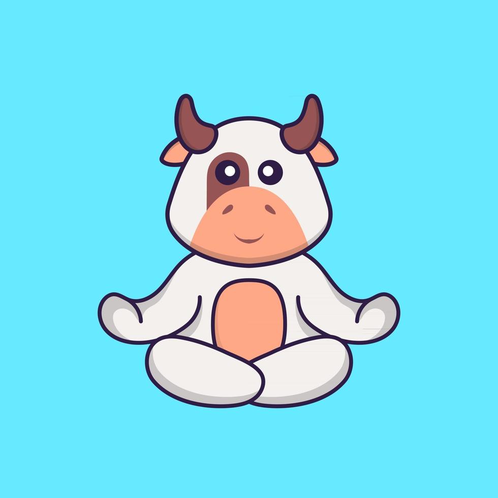 la vache mignonne médite ou fait du yoga. concept de dessin animé animal isolé. peut être utilisé pour un t-shirt, une carte de voeux, une carte d'invitation ou une mascotte. style cartoon plat vecteur