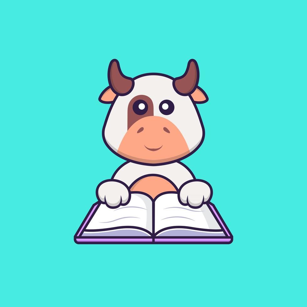 vache mignonne lisant un livre. concept de dessin animé animal isolé. peut être utilisé pour un t-shirt, une carte de voeux, une carte d'invitation ou une mascotte. style cartoon plat vecteur