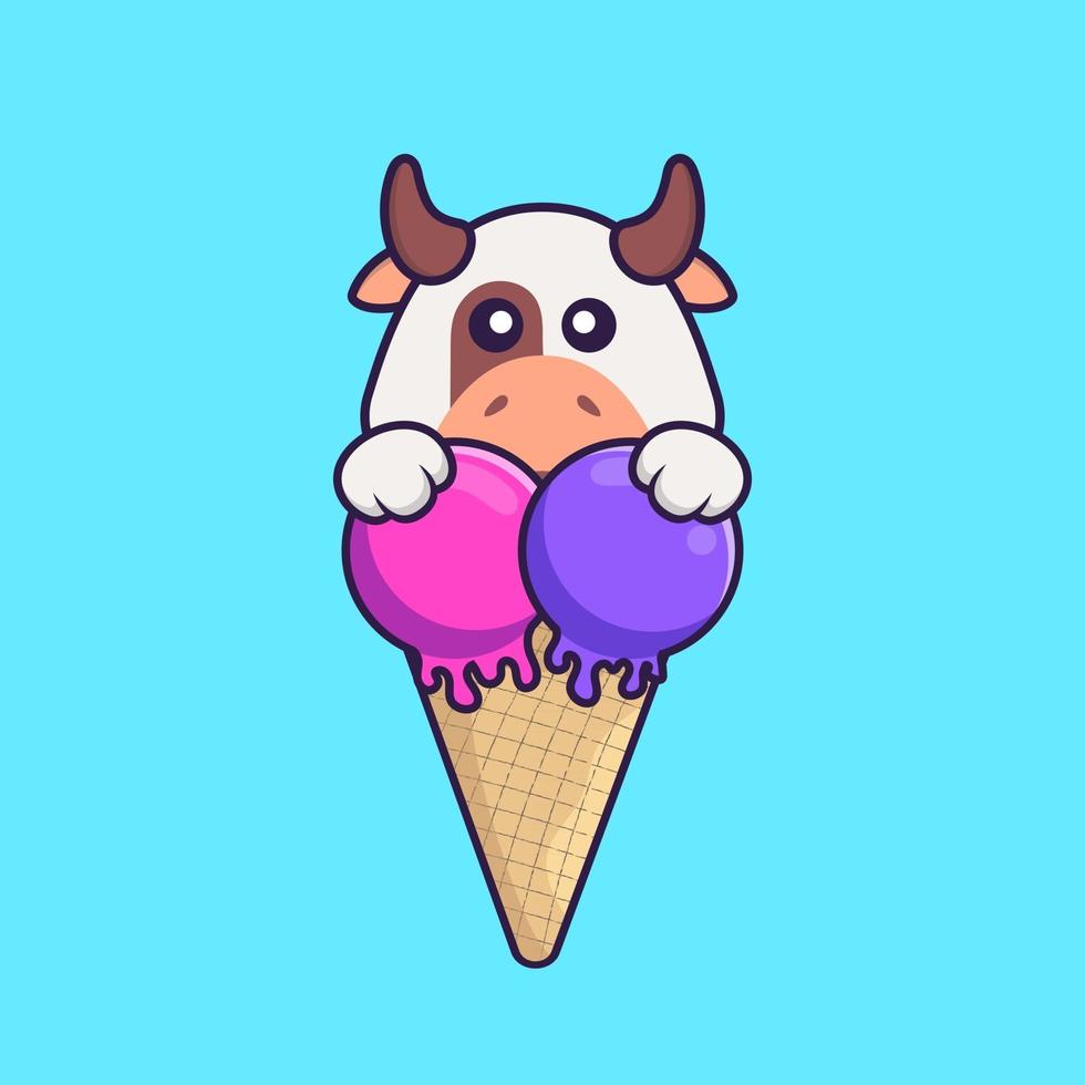 vache mignonne avec de la crème glacée sucrée. concept de dessin animé animal isolé. peut être utilisé pour un t-shirt, une carte de voeux, une carte d'invitation ou une mascotte. style cartoon plat vecteur