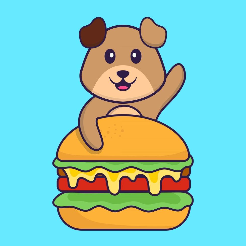 chien mignon mangeant un hamburger. concept de dessin animé animal isolé. peut être utilisé pour un t-shirt, une carte de voeux, une carte d'invitation ou une mascotte. style cartoon plat vecteur