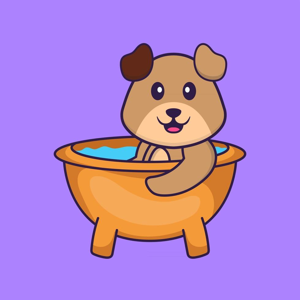 chien mignon prenant un bain dans la baignoire. concept de dessin animé animal isolé. peut être utilisé pour un t-shirt, une carte de voeux, une carte d'invitation ou une mascotte. style cartoon plat vecteur