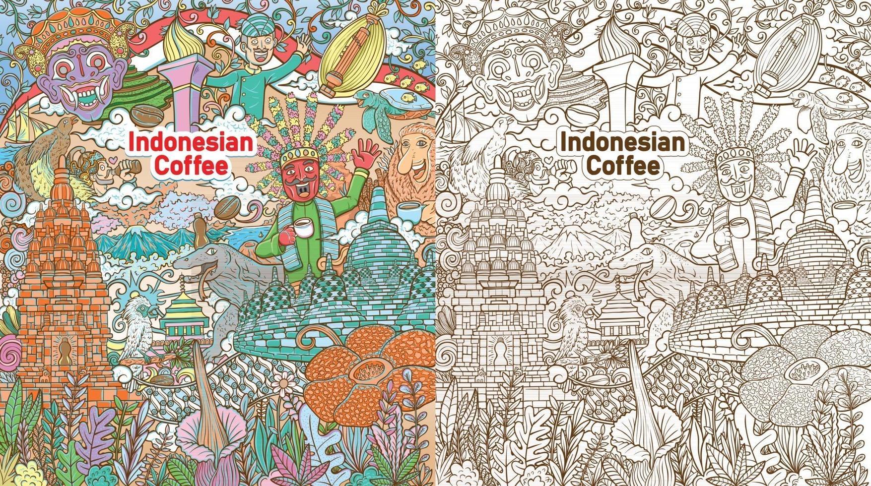 illustration colorée de café java indonésien doodle coloré avec fond de couleur vecteur