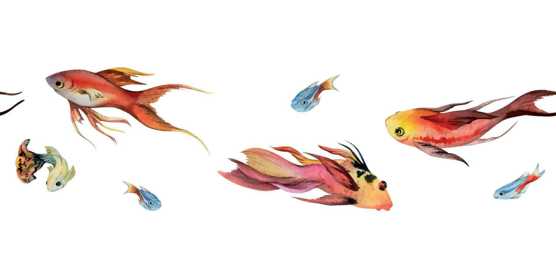 main tiré aquarelle aquarium tropical poisson la vie marine. Marin exotique sous-marin illustration. sans couture frontière isolé sur blanc Contexte. conception pour magasins, brochure, imprimer, carte, mur art, textile. vecteur