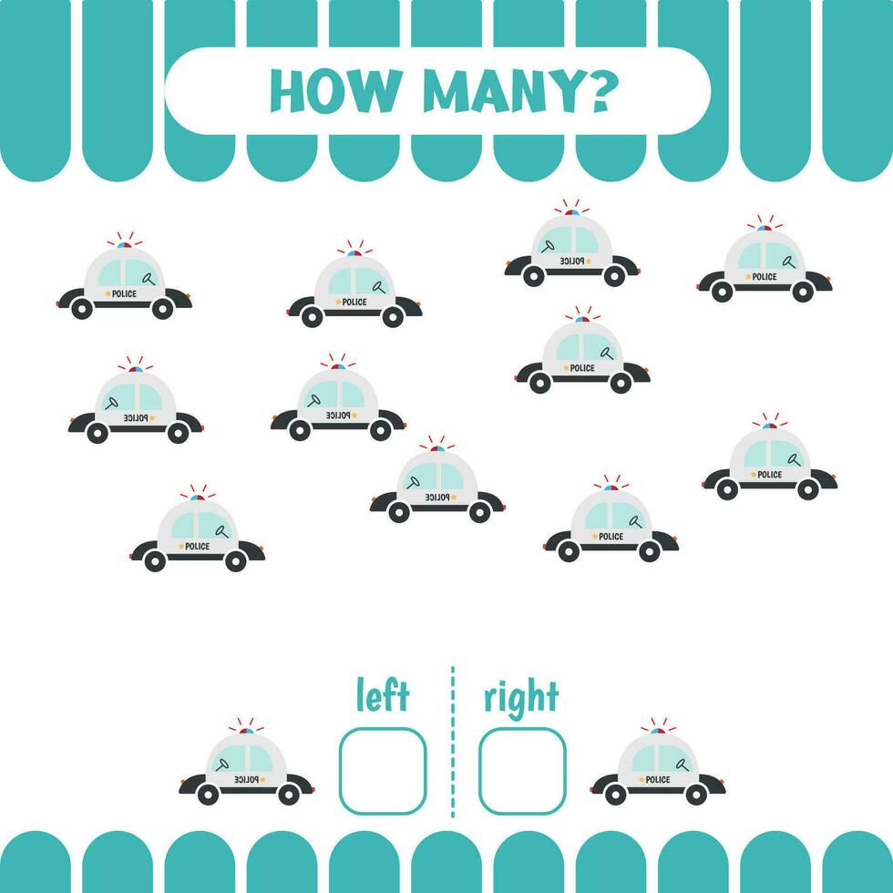 la gauche ou droite Jeu pour enfants. compter police voitures. éducatif feuille de travail pour préscolaire les enfants. Comment beaucoup voitures aller à le la gauche et à le droite. vecteur illustration