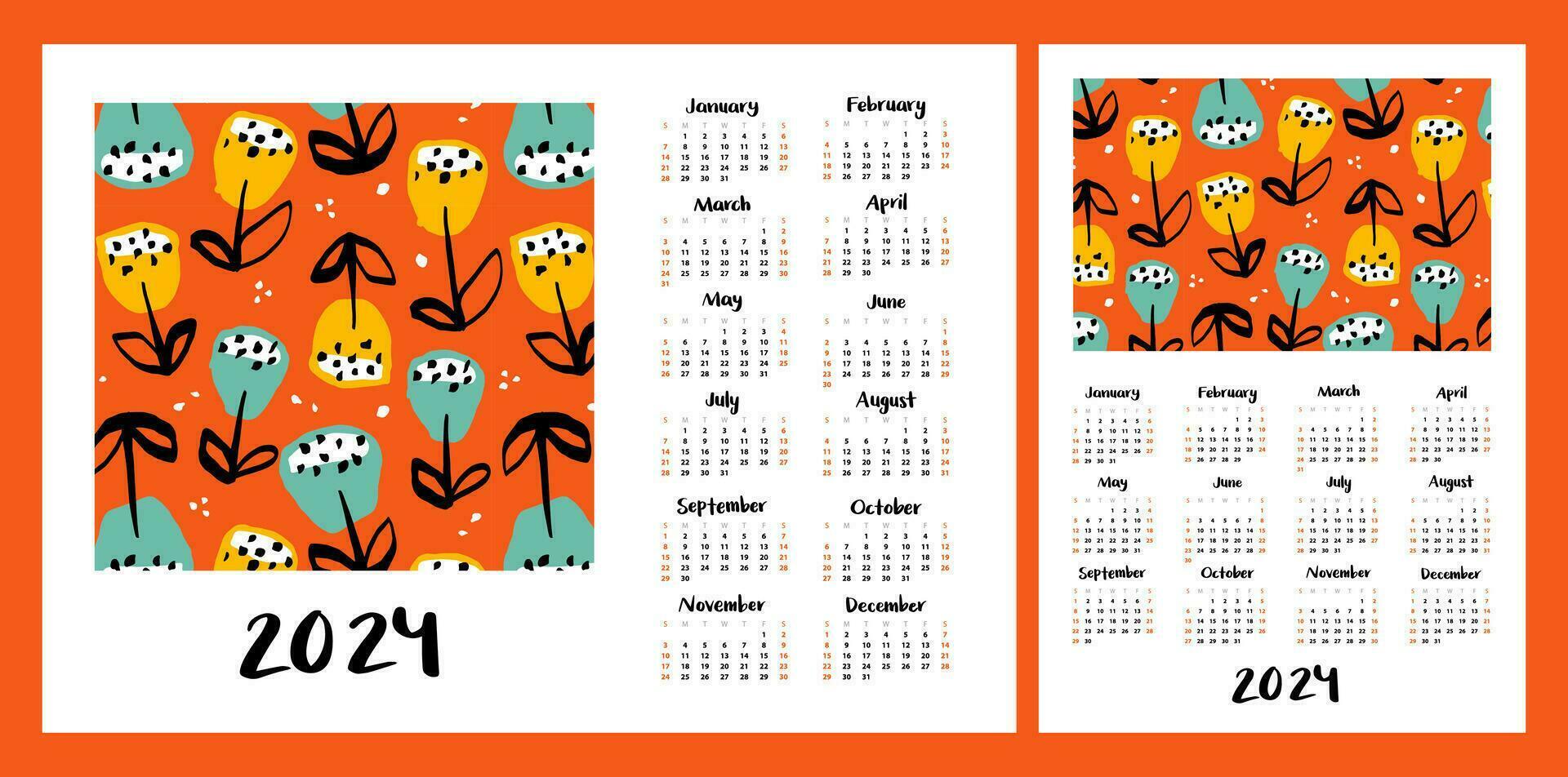 calendrier disposition pour 2024. botanique illustration avec fleurs. verticale et horizontal mises en page pour a4, a5 impression vecteur