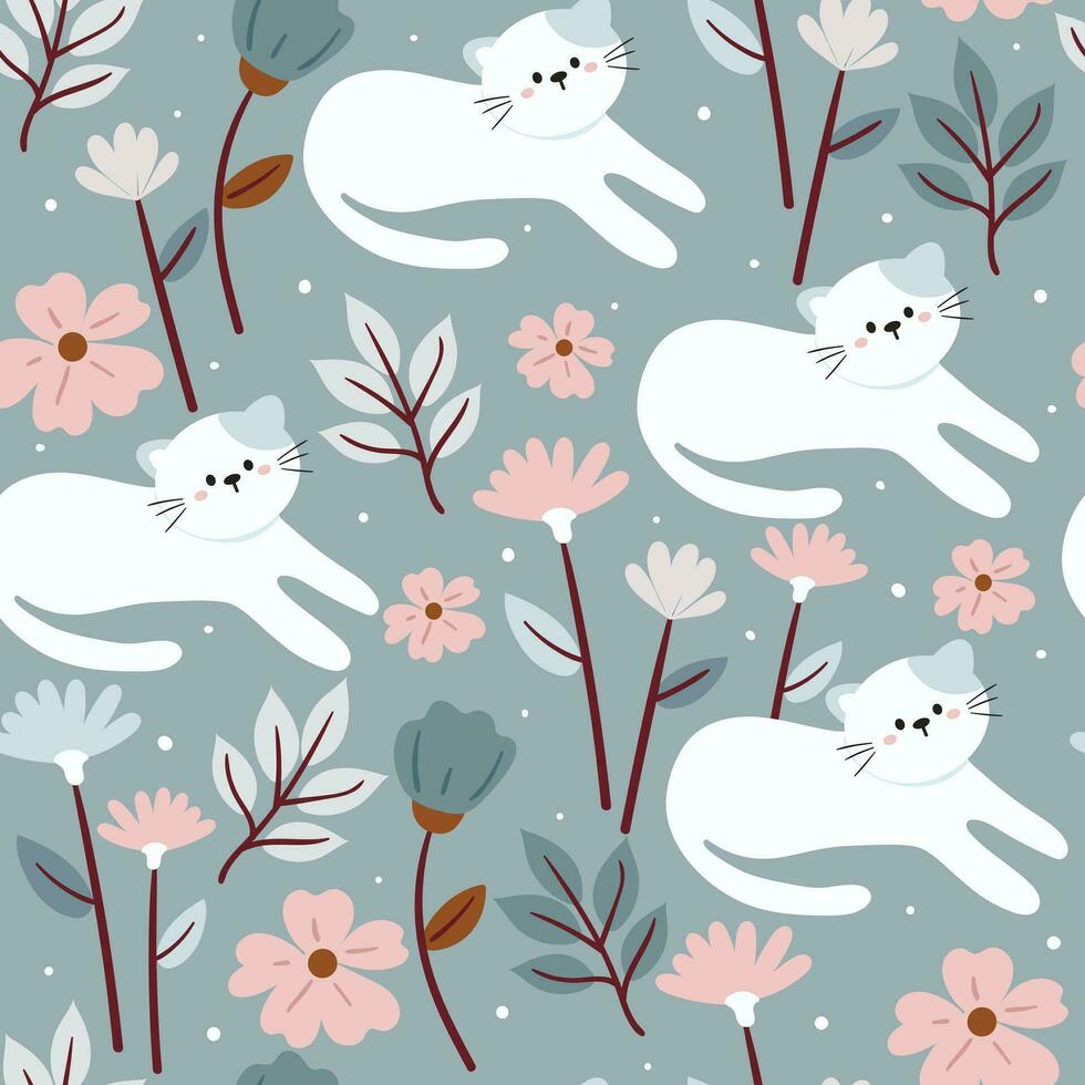 chat et fleur de dessin animé de modèle sans couture. papier peint animal mignon pour textile, papier cadeau vecteur