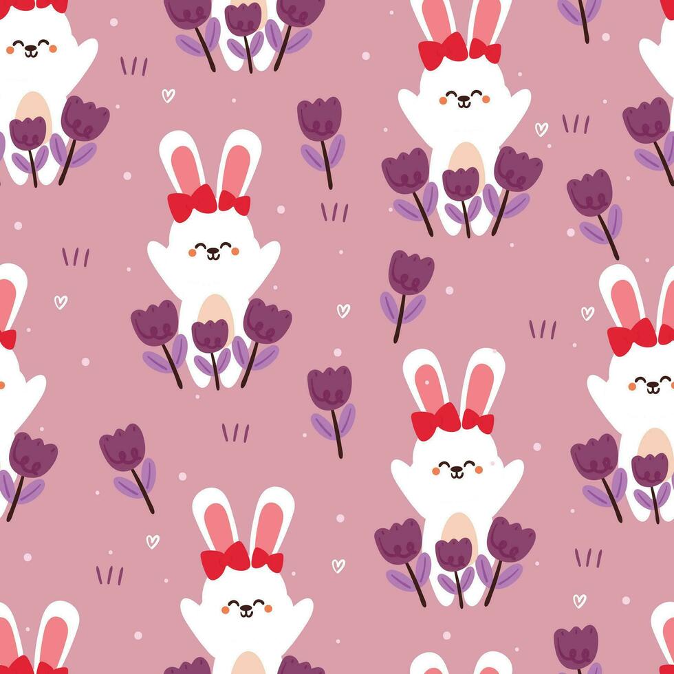 lapin de dessin animé de modèle sans couture et fleur. papier peint animal mignon pour textile, papier cadeau vecteur