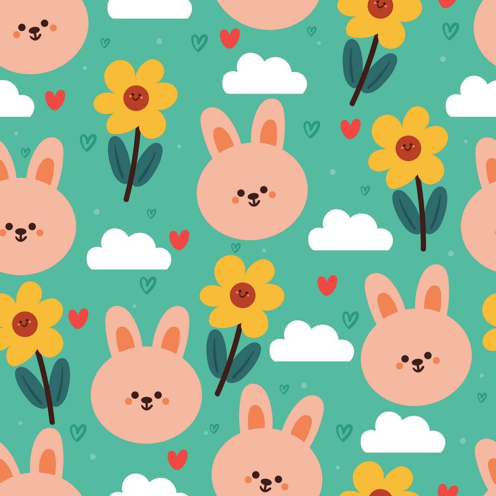 lapin de dessin animé de modèle sans couture et fleur. papier peint animal mignon pour textile, papier cadeau vecteur