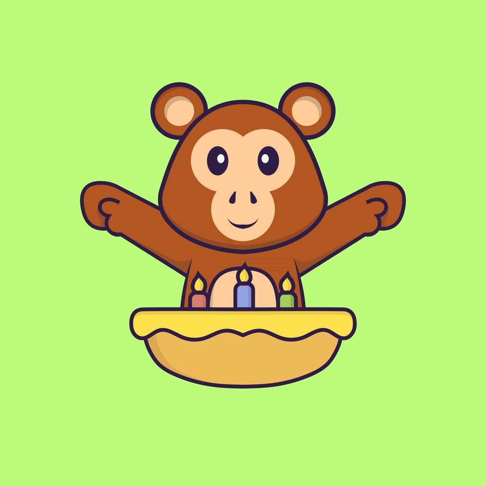 singe mignon avec gâteau d'anniversaire. concept de dessin animé animal isolé. peut être utilisé pour un t-shirt, une carte de voeux, une carte d'invitation ou une mascotte. style cartoon plat vecteur