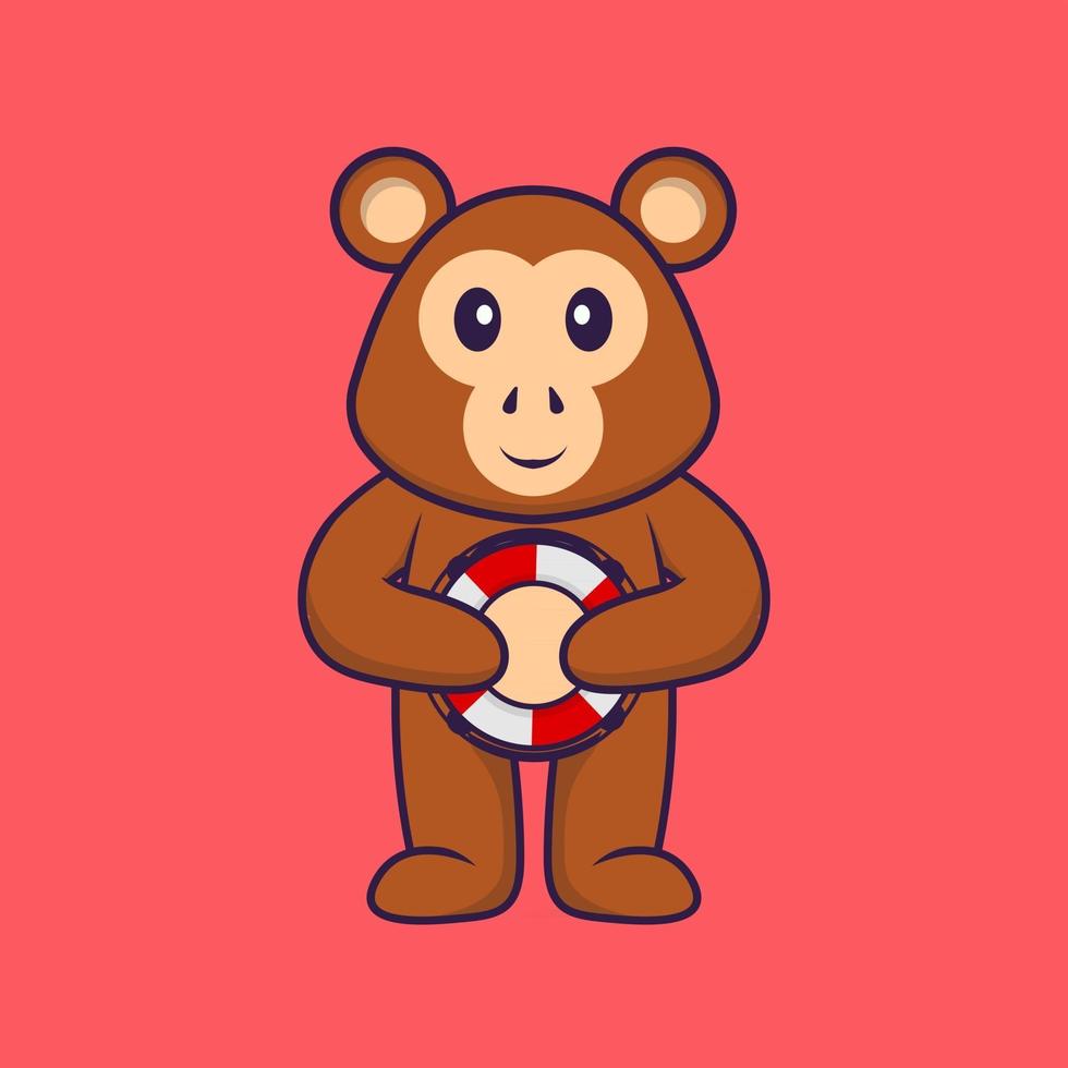 singe mignon tenant une bouée. concept de dessin animé animal isolé. peut être utilisé pour un t-shirt, une carte de voeux, une carte d'invitation ou une mascotte. style cartoon plat vecteur