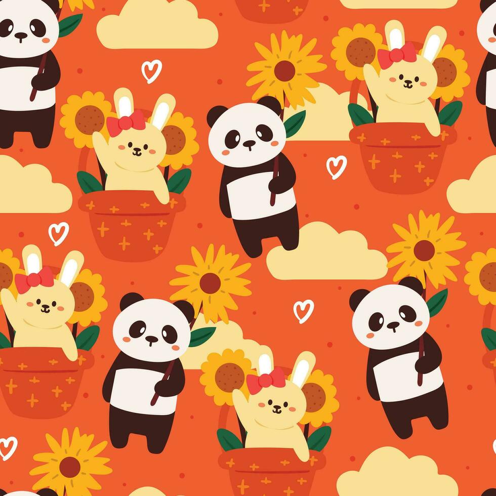 sans couture modèle dessin animé Panda et lapin dans Orange Contexte. mignonne animal fond d'écran pour textile, cadeau emballage papier vecteur