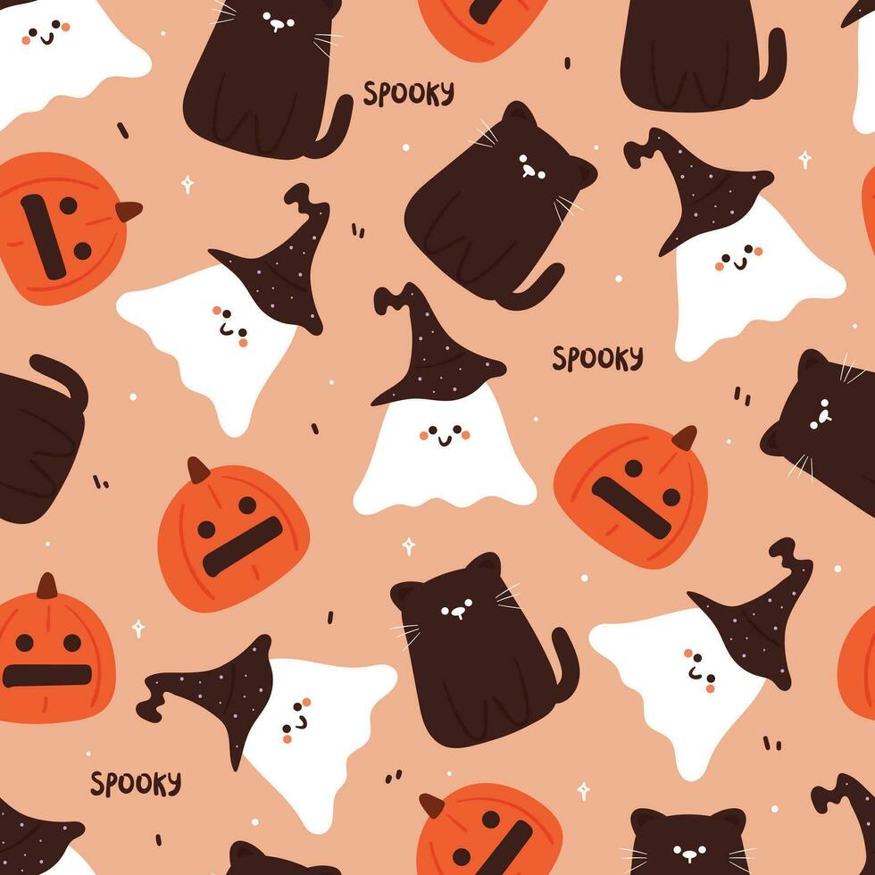 Halloween sans couture modèle avec dessin animé citrouille, chat, fantôme, et Halloween élément. mignonne Halloween fond d'écran pour vacances thème, cadeau emballage papier vecteur