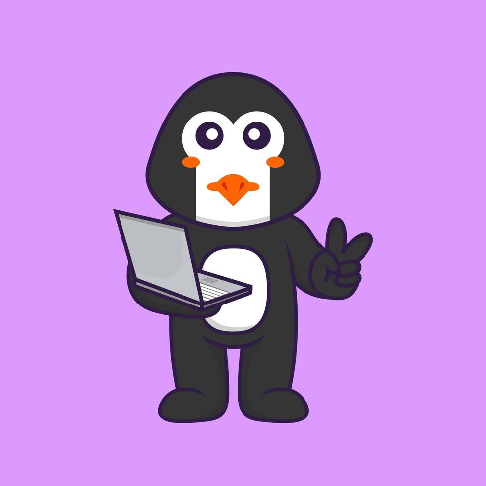 pingouin mignon tenant un ordinateur portable. concept de dessin animé animal isolé. peut être utilisé pour un t-shirt, une carte de voeux, une carte d'invitation ou une mascotte. style cartoon plat vecteur