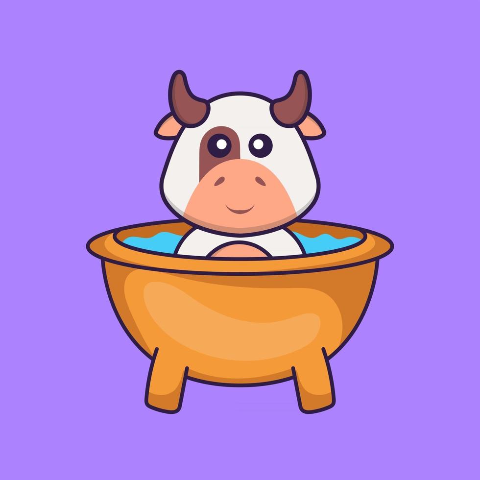 vache mignonne prenant un bain dans la baignoire. concept de dessin animé animal isolé. peut être utilisé pour un t-shirt, une carte de voeux, une carte d'invitation ou une mascotte. style cartoon plat vecteur