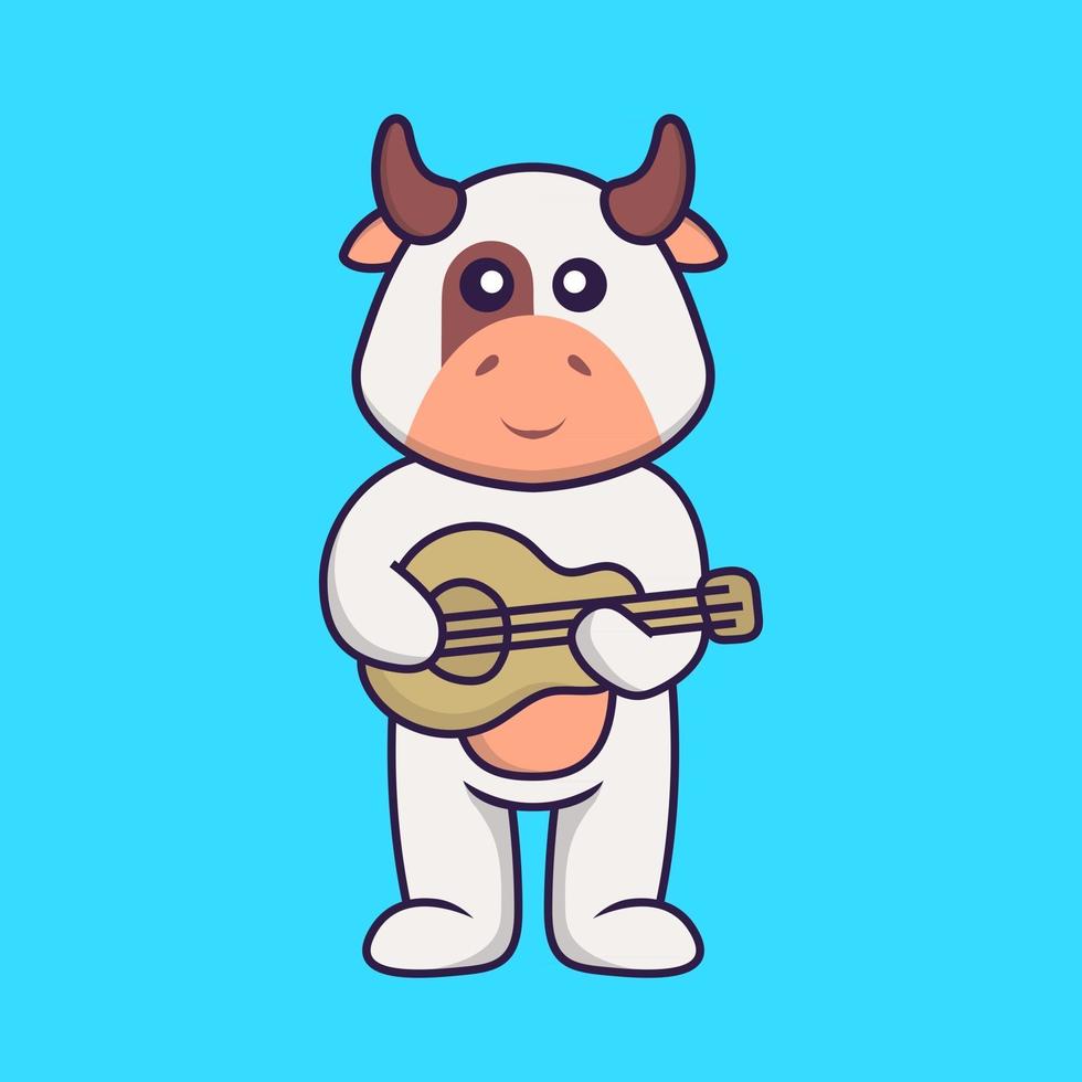 vache mignonne jouant de la guitare. concept de dessin animé animal isolé. peut être utilisé pour un t-shirt, une carte de voeux, une carte d'invitation ou une mascotte. style cartoon plat vecteur
