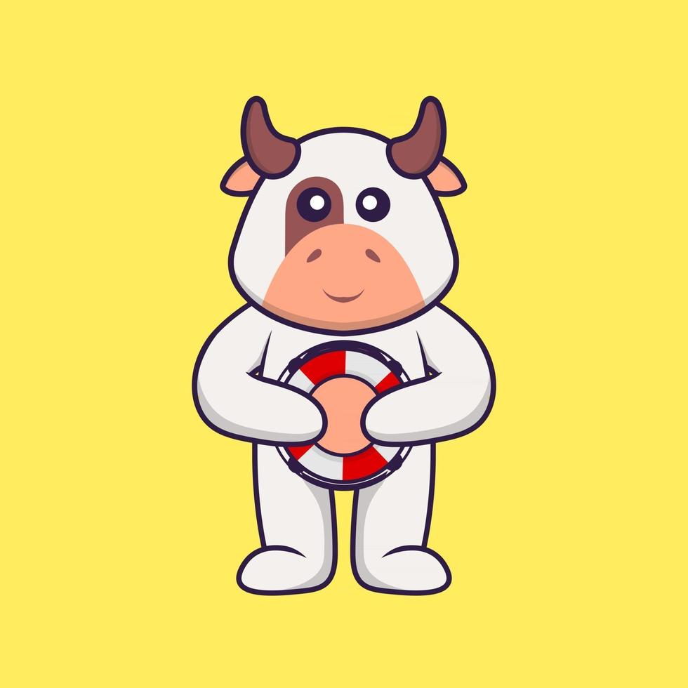 vache mignonne tenant une bouée. concept de dessin animé animal isolé. peut être utilisé pour un t-shirt, une carte de voeux, une carte d'invitation ou une mascotte. style cartoon plat vecteur