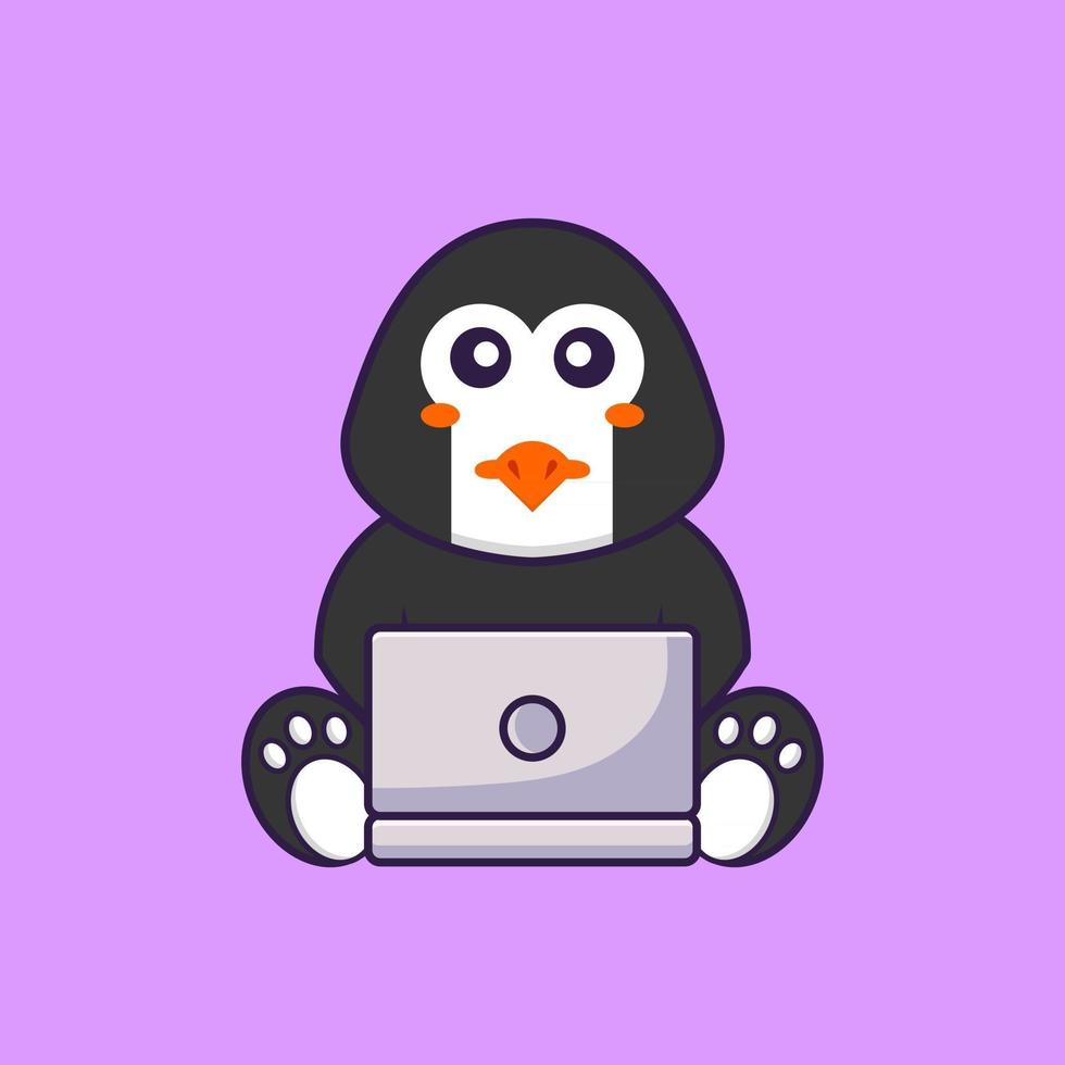 pingouin mignon utilisant un ordinateur portable. concept de dessin animé animal isolé. peut être utilisé pour un t-shirt, une carte de voeux, une carte d'invitation ou une mascotte. style cartoon plat vecteur