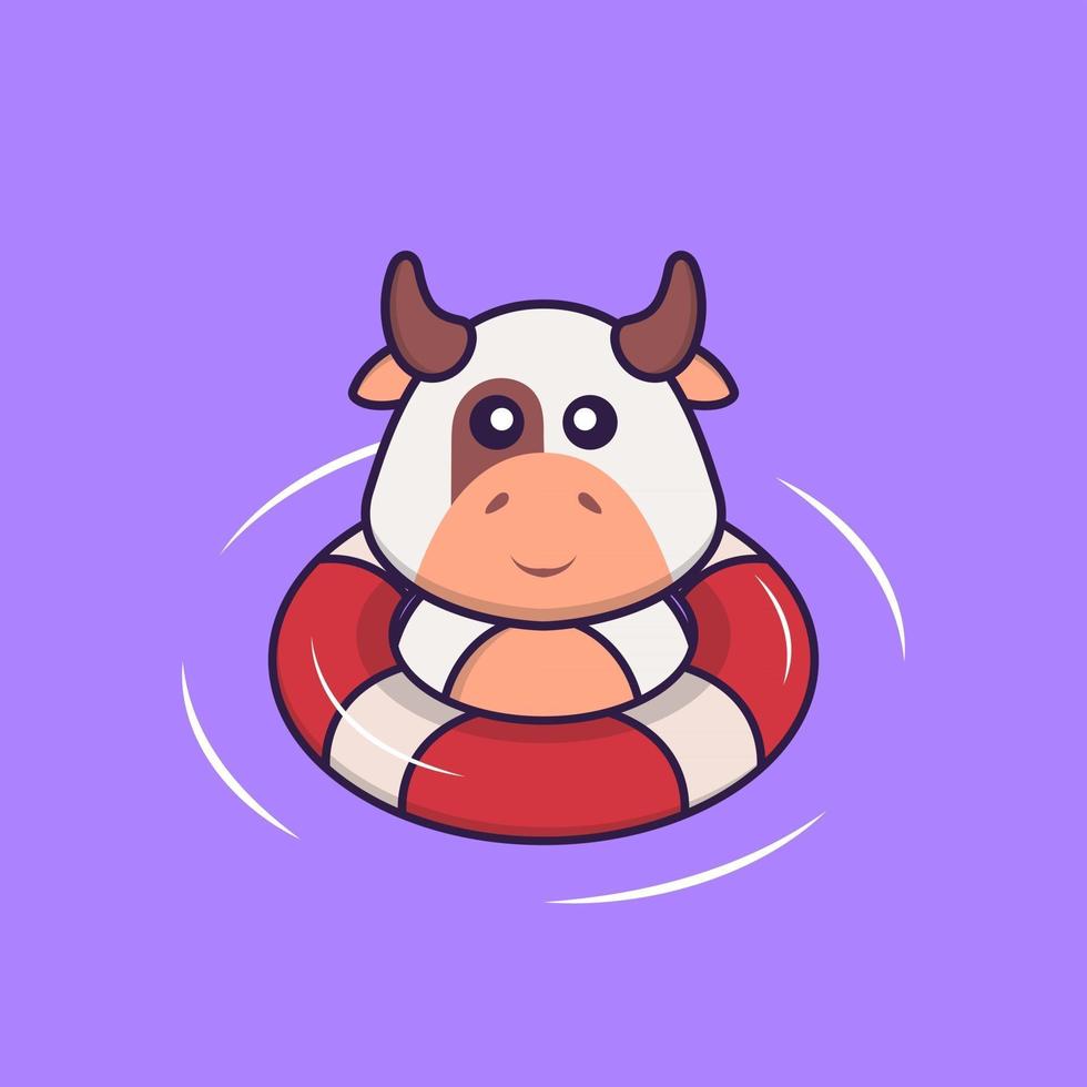 la vache mignonne nage avec une bouée. concept de dessin animé animal isolé. peut être utilisé pour un t-shirt, une carte de voeux, une carte d'invitation ou une mascotte. style cartoon plat vecteur