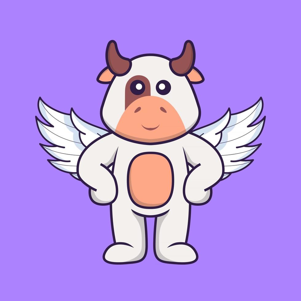 vache mignonne utilisant des ailes. concept de dessin animé animal isolé. peut être utilisé pour un t-shirt, une carte de voeux, une carte d'invitation ou une mascotte. style cartoon plat vecteur