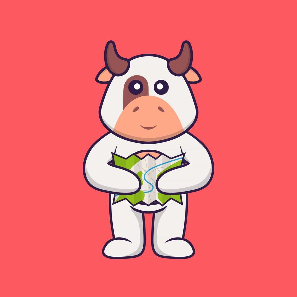 vache mignonne tenant une carte. concept de dessin animé animal isolé. peut être utilisé pour un t-shirt, une carte de voeux, une carte d'invitation ou une mascotte. style cartoon plat vecteur