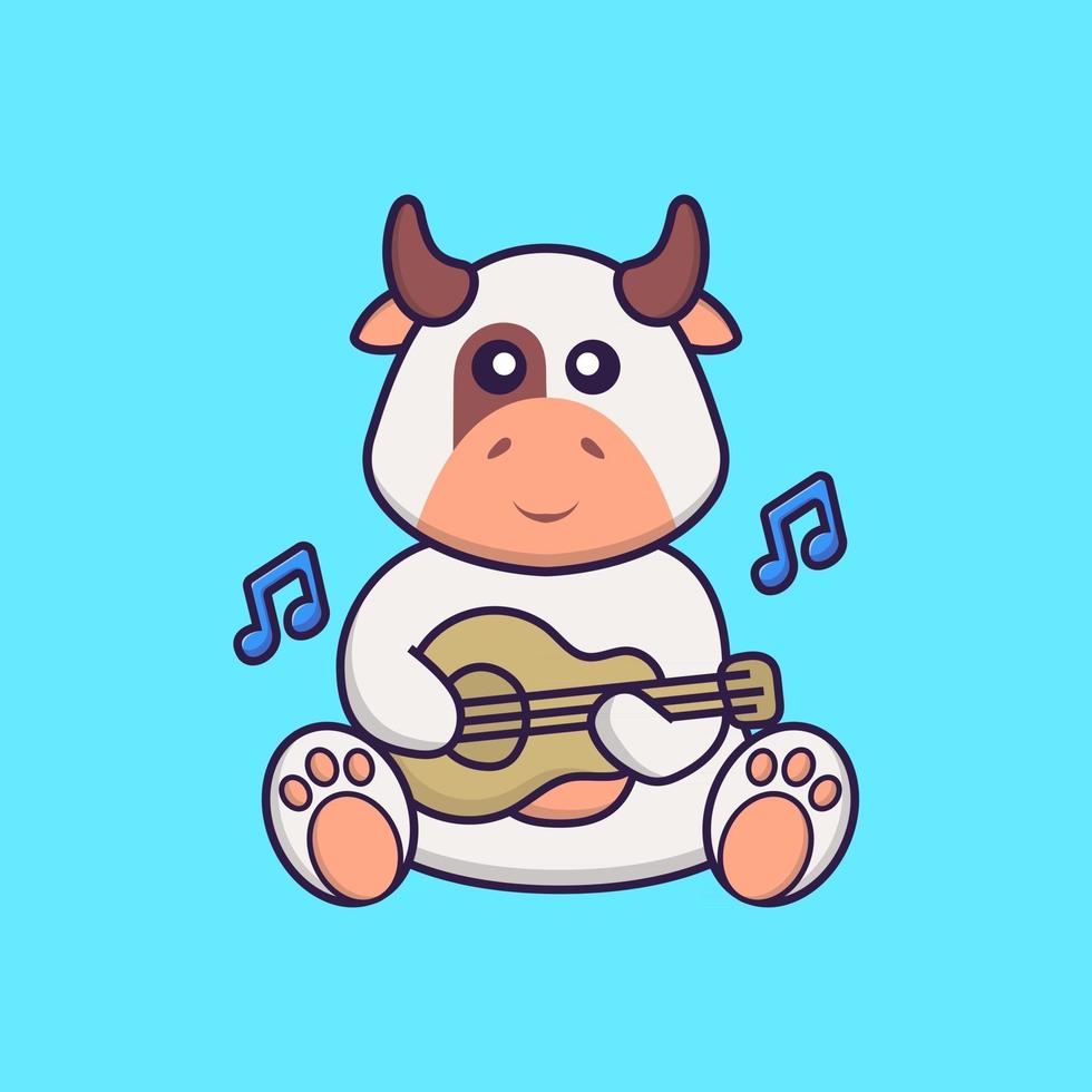 vache mignonne jouant de la guitare. concept de dessin animé animal isolé. peut être utilisé pour un t-shirt, une carte de voeux, une carte d'invitation ou une mascotte. style cartoon plat vecteur
