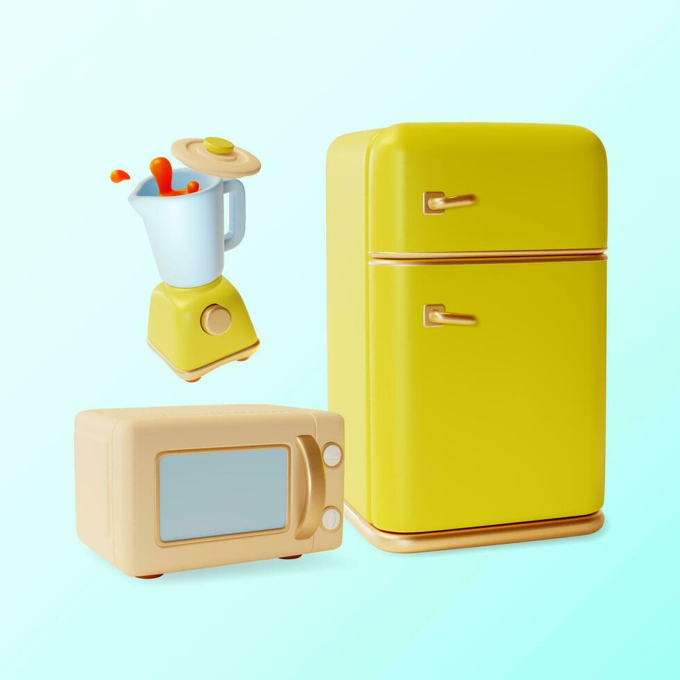 3d cuisine concept dessin animé style mixeur, réfrigérateur et four micro onde four. vecteur