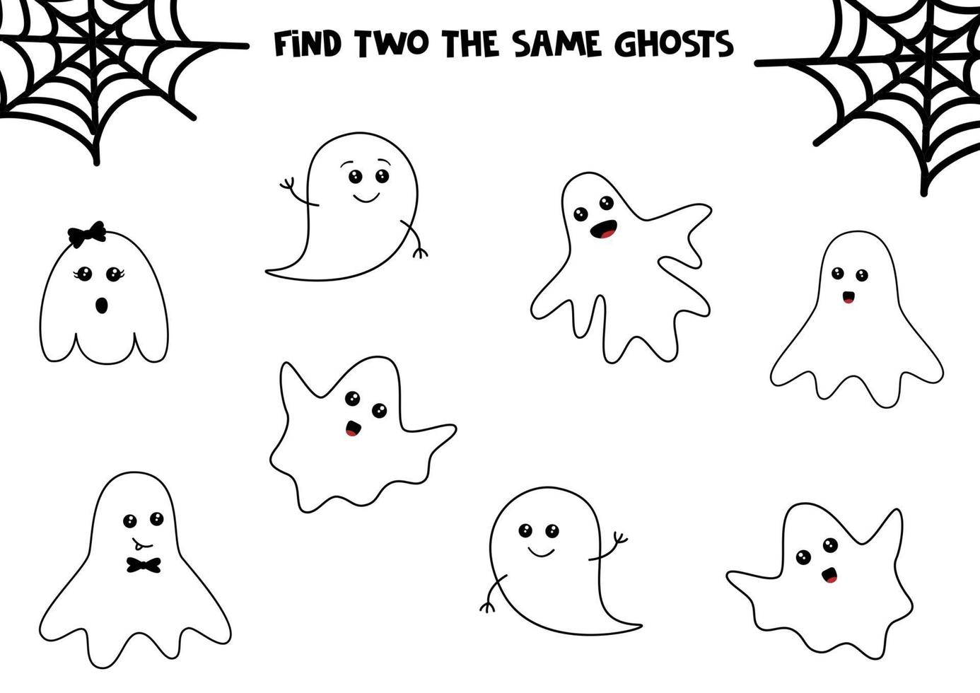 ensemble de fantômes d'halloween mignons. trouver deux mêmes fantômes. jeu éducatif pour les enfants. feuille de calcul imprimable. vecteur