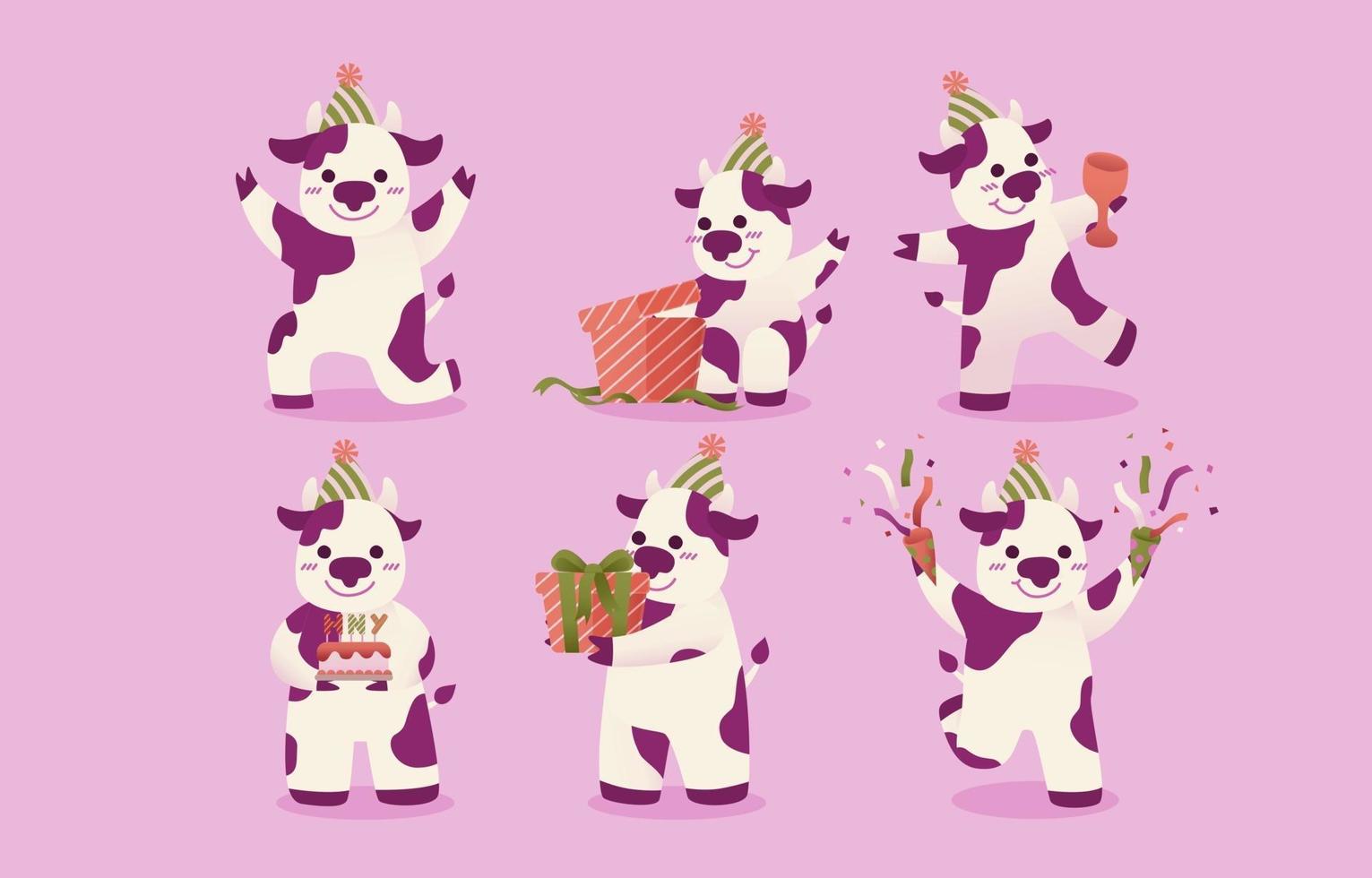 ensemble de vache tachetée blanc-violet. personnages animaux dans divers gestes illustration vectorielle sur fond rose. vecteur