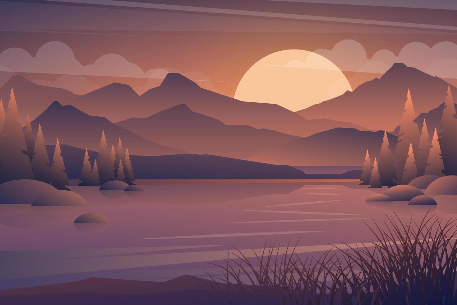 paysage dans la prairie et le lac avec vecteur de dessin animé au coucher du soleil.