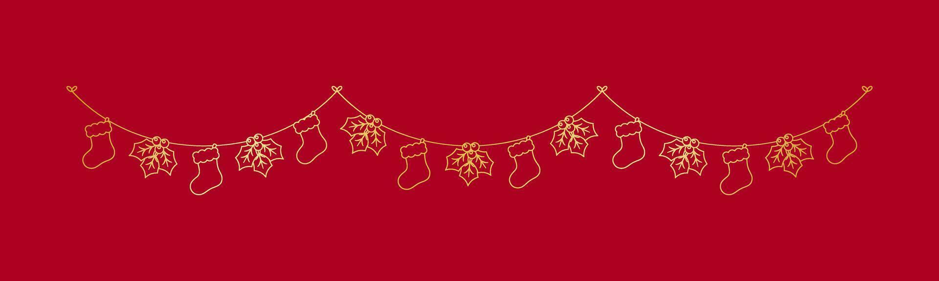 or Noël stockage et du gui guirlande contour griffonnage vecteur illustration, Noël de fête hiver vacances saison bruant