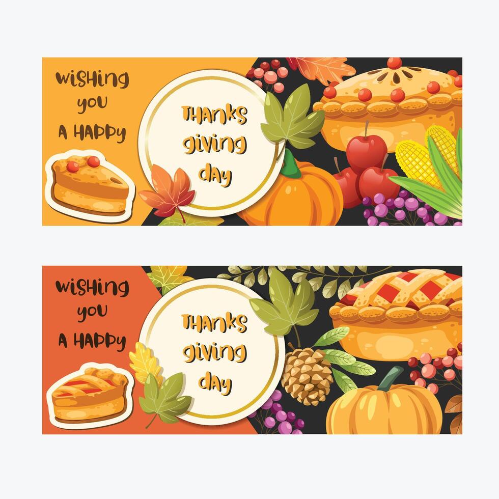 carte de joyeux thanksgiving avec citrouille, baies, maïs et tarte vecteur