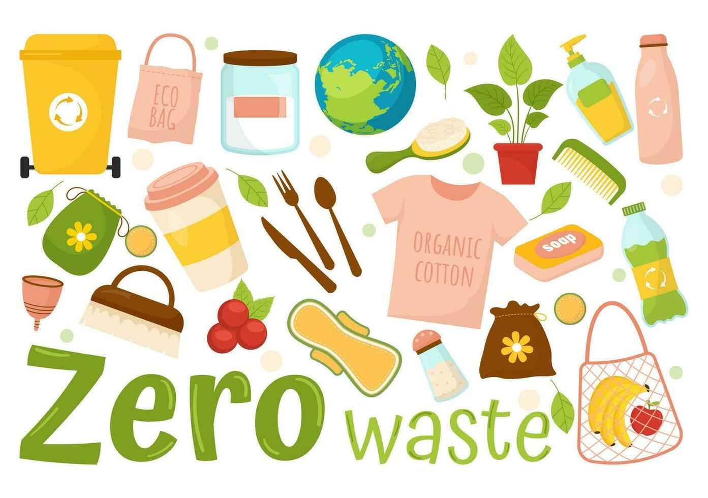 zéro déchets vecteur illustration de éco amical avec recyclable et réutilisable des produits pour enregistrer le planète et aller vert dans plat dessin animé Contexte