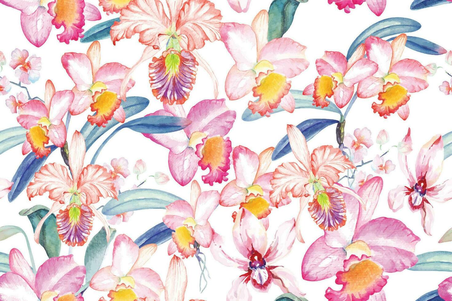 sans couture modèle de rose orchidées tiré avec aquarelle.orchidée arrière-plan.composition de tropical végétation pour Naturel style fonds d'écran. vecteur