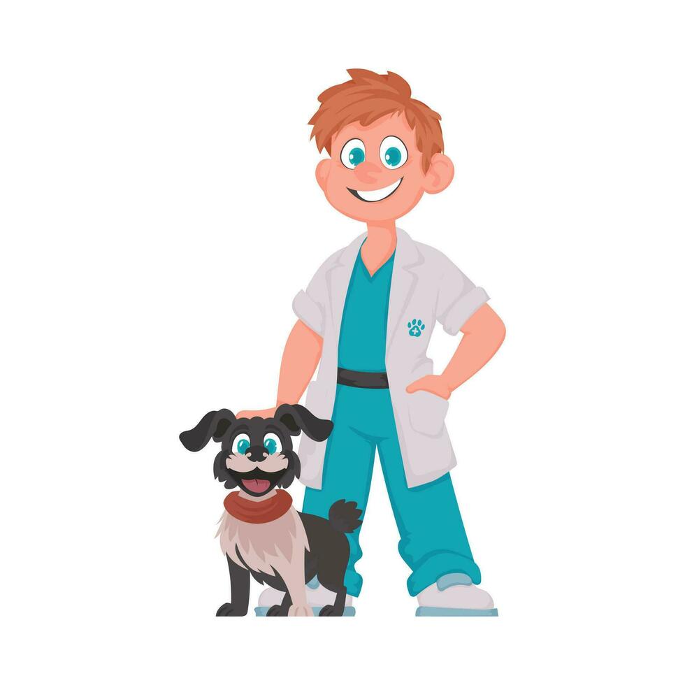 une content Masculin animal médecin qui prend se soucier de un adorable chien vecteur illustration