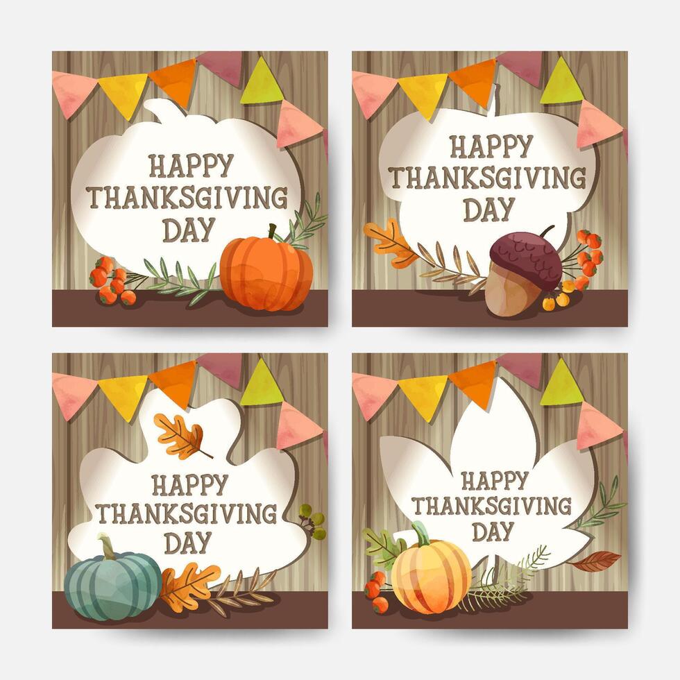 carte ou flyer joyeux jour de Thanksgiving avec des feuilles de noyer, de citrouille et d'érable. vecteur