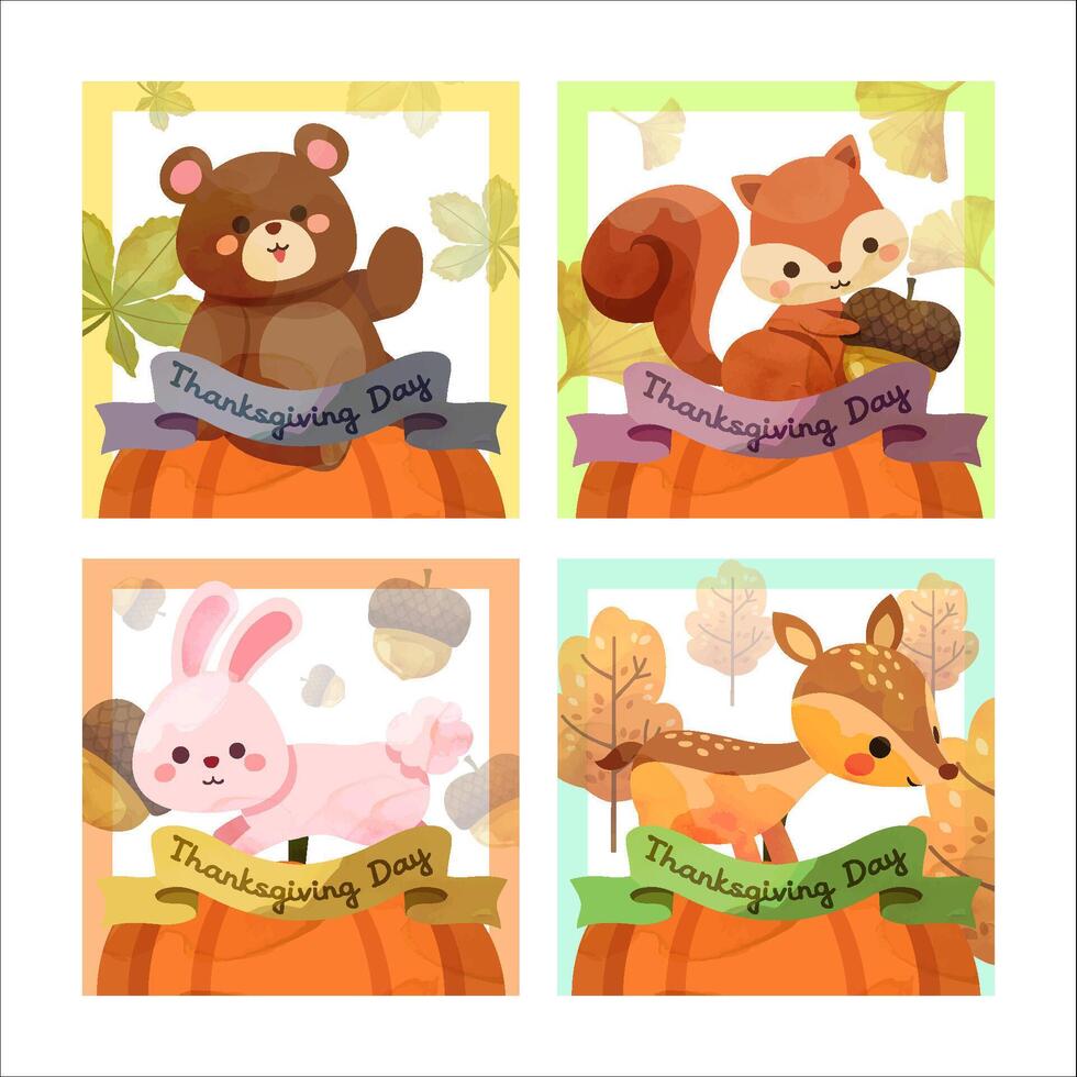 carte de joyeux thanksgiving avec écureuil, ours, lapin et cerf vecteur