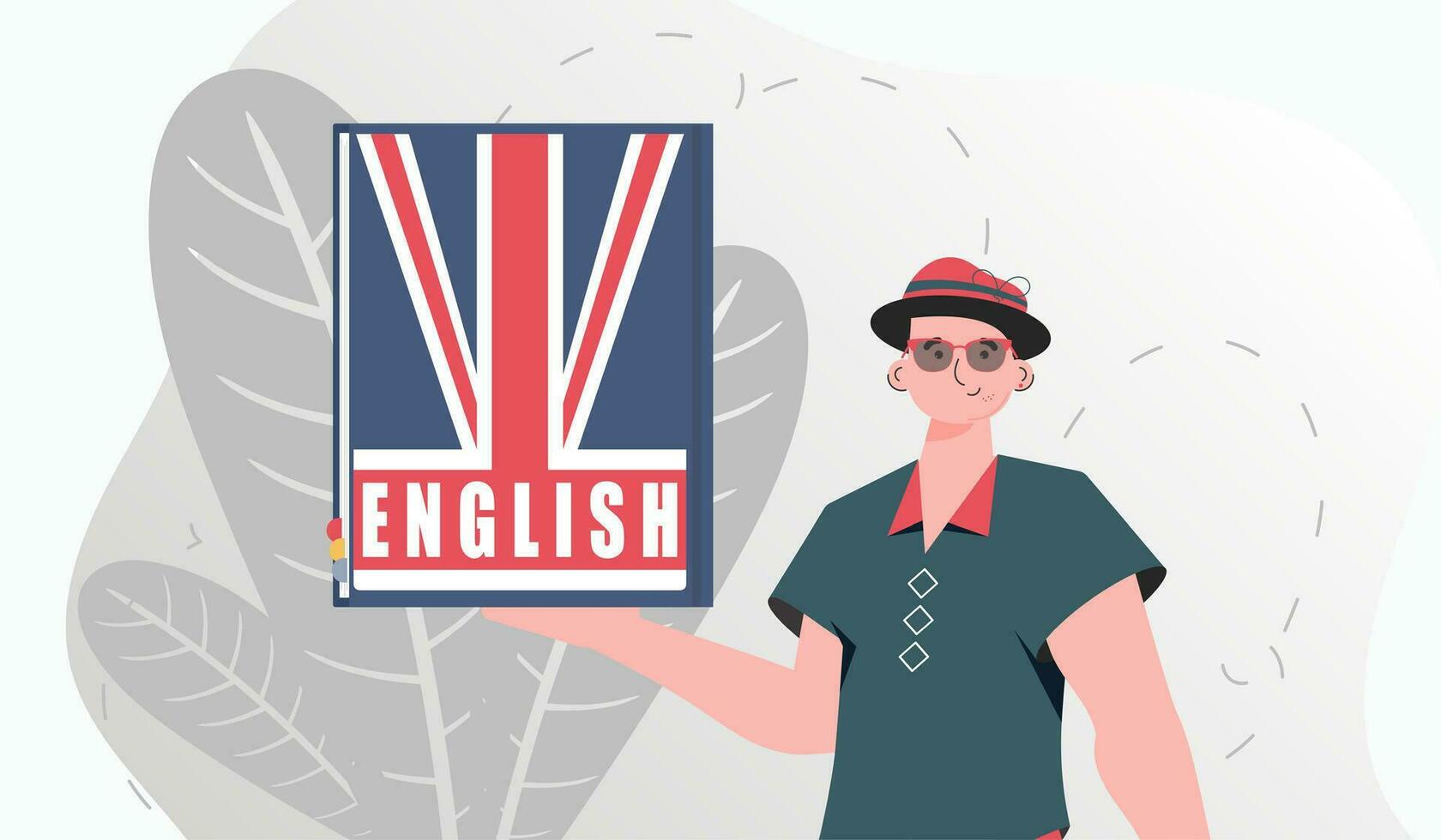 le concept de apprentissage Anglais. une homme détient un Anglais dictionnaire dans le sien mains. branché dessin animé style. vecteur. vecteur