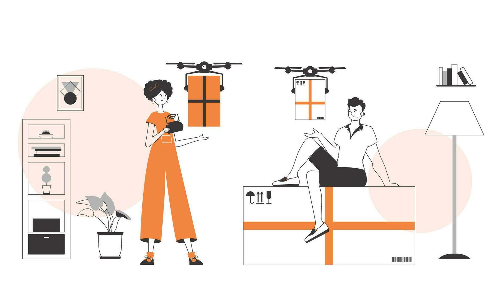 une homme et une femme, le équipe livre le paquet par drone. air livraison concept. linéaire style. vecteur