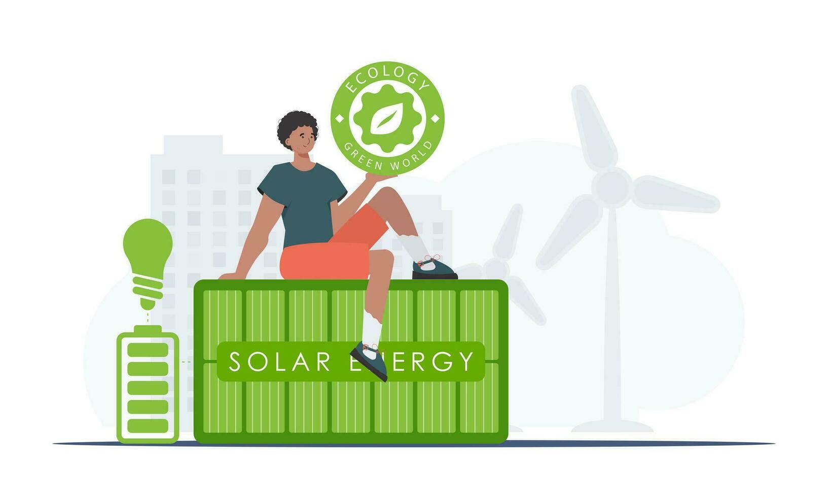 le concept de vert énergie et écologie. une homme est assis sur une solaire panneau et détient le éco logo dans le sien mains. vecteur tendance illustration.