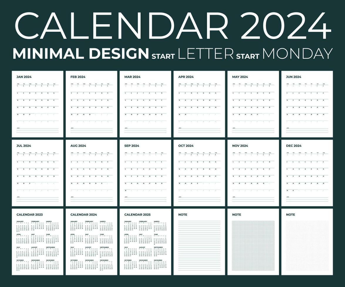 moderne mensuel calendrier Remarque et planificateur pour 2024, le la semaine départs sur lundi, calendrier dans le style de minimaliste conception, lettre taille. vecteur