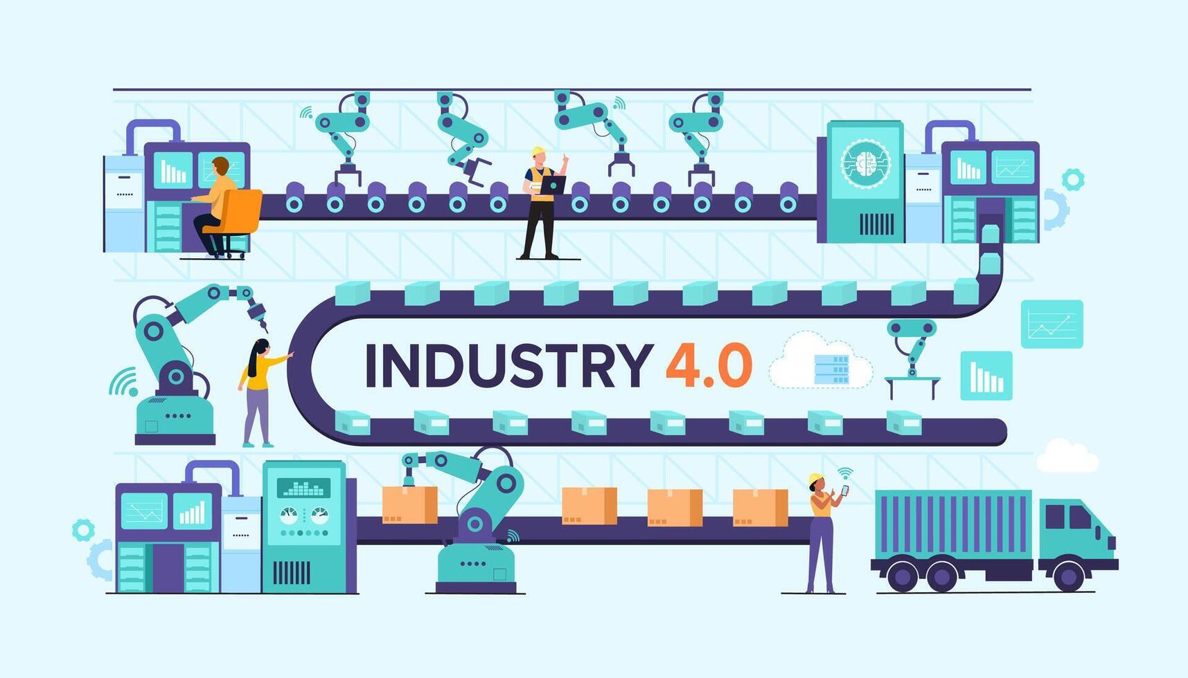 personnes qui travaillent avec un appareil intelligent pour le flux de travail de l'industrie 4.0 vecteur