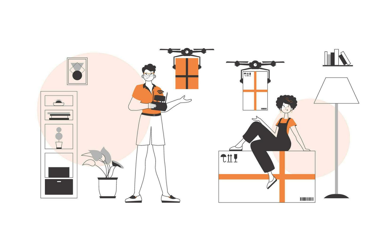 une homme et une femme, le équipe livre le paquet par drone. le concept de cargaison livraison par air. linéaire moderne style. vecteur