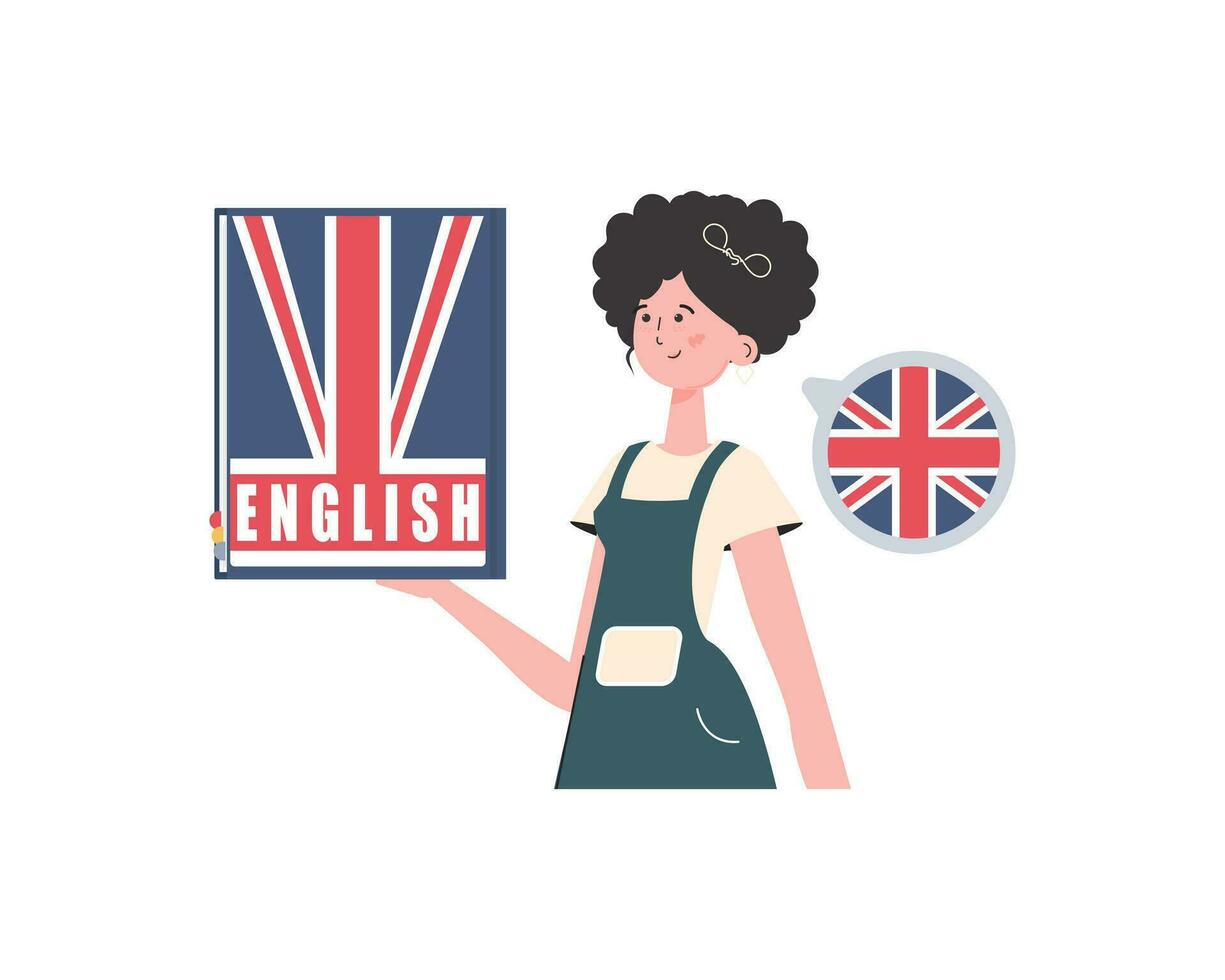 une femme détient un Anglais dictionnaire dans sa mains. le concept de apprentissage Anglais. isolé. branché style. vecteur illustration.