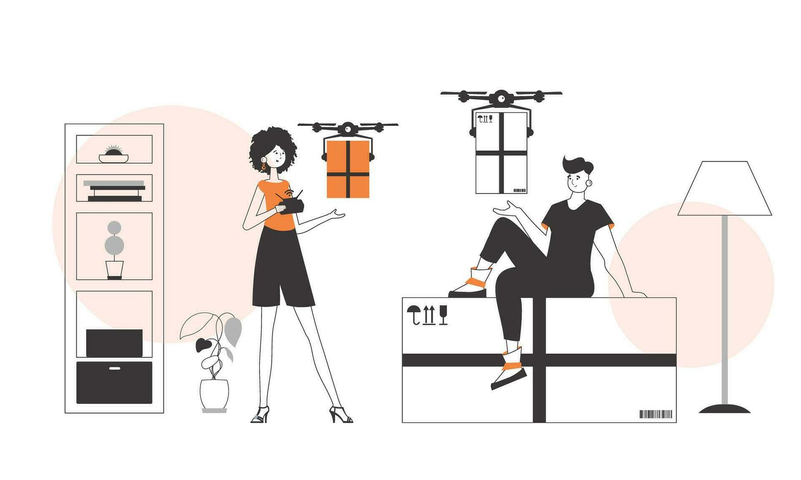 une homme et une femme, le équipe livre le paquet par drone. drone livraison concept. minimaliste linéaire style. vecteur