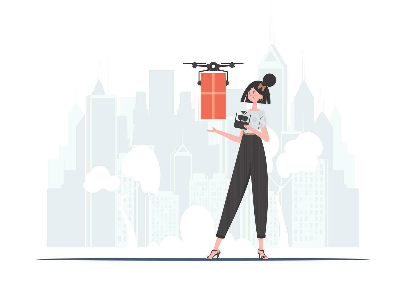 une femme contrôles une drone avec une colis. livraison concept. branché style. vecteur illustration.