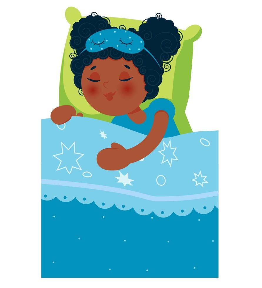 fille afro-américaine dormant dans son lit après une soirée pyjama. illustration vectorielle. vecteur