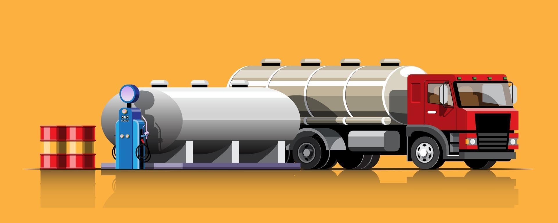camion avec réservoir d'huile déchargeant l'huile d'un grand réservoir vecteur