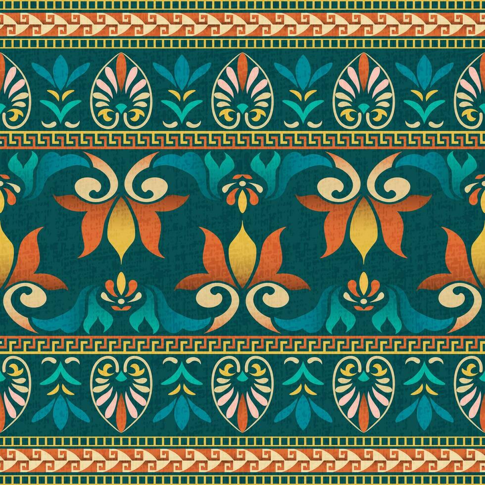 coloré ancien grec floral modèle conception pour textiles. le en tissu modèle avec grec fleurs, feuillage motifs, et géométrique formes sur une foncé vert Contexte. vibrant sans couture modèle conceptions. vecteur