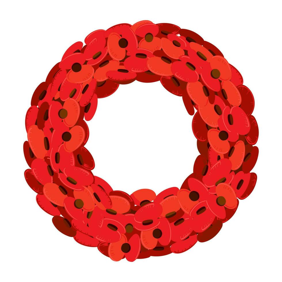 une traditionnel couronne de rouge fleurs pour souvenir journée aussi connu comme coquelicot journée dans Mémoire de militaire personnel qui décédés dans le ligne de devoir. vecteur illustration dans une plat style sur blanc Contexte.