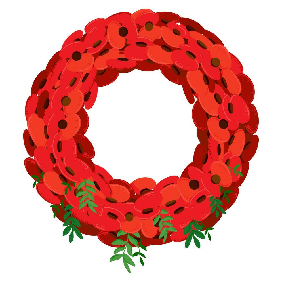 une traditionnel couronne de rouge fleurs pour souvenir journée ,aussi connu comme coquelicot jour, dans Mémoire de militaire personnel qui décédés dans le ligne de devoir. vecteur, plat style. vecteur